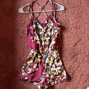 Xhilaration Burgundy Floral Lace Trim Romper